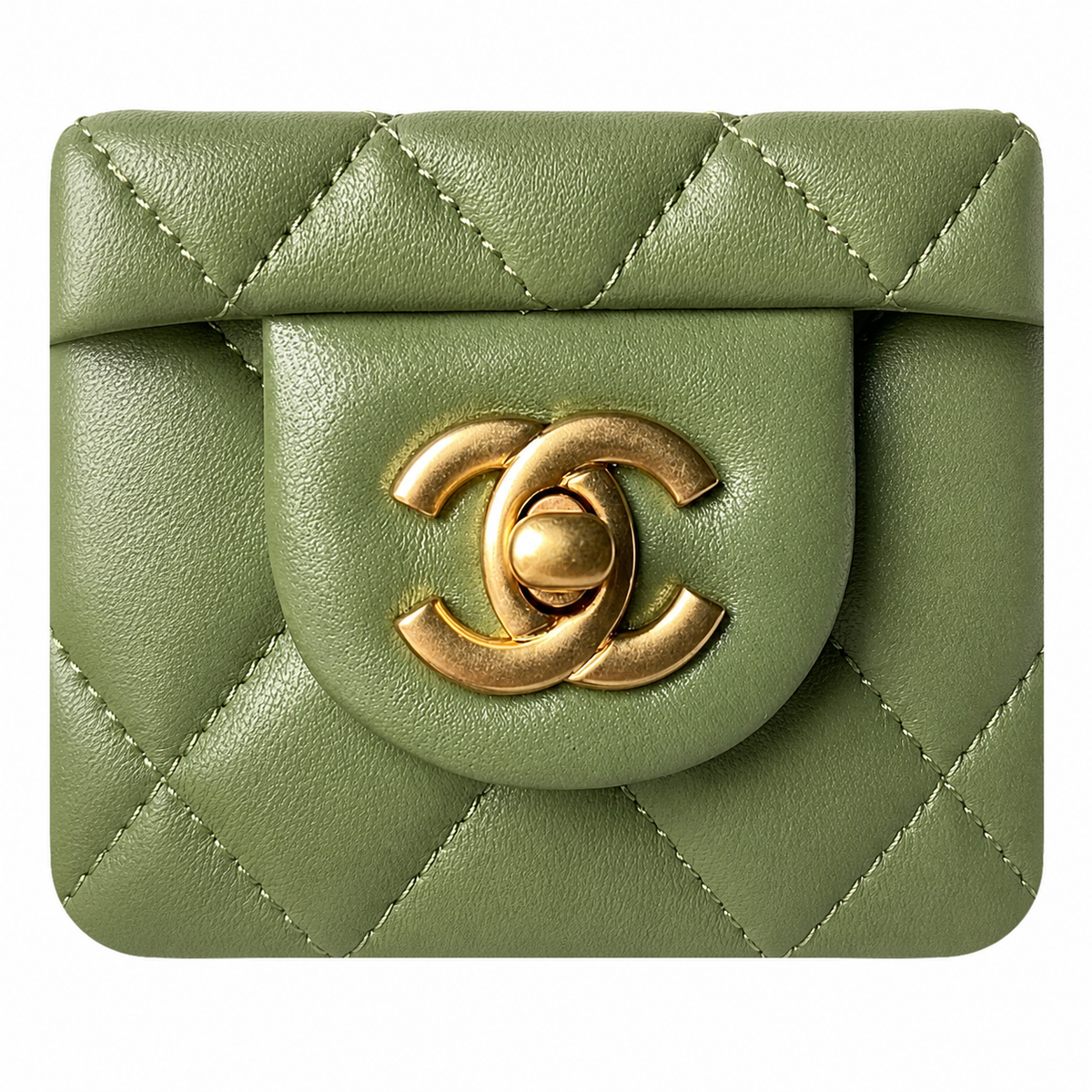Chanel Mini Square Classic Flap Bag Olive Green Lambskin Aged Gold Hardware 18cm