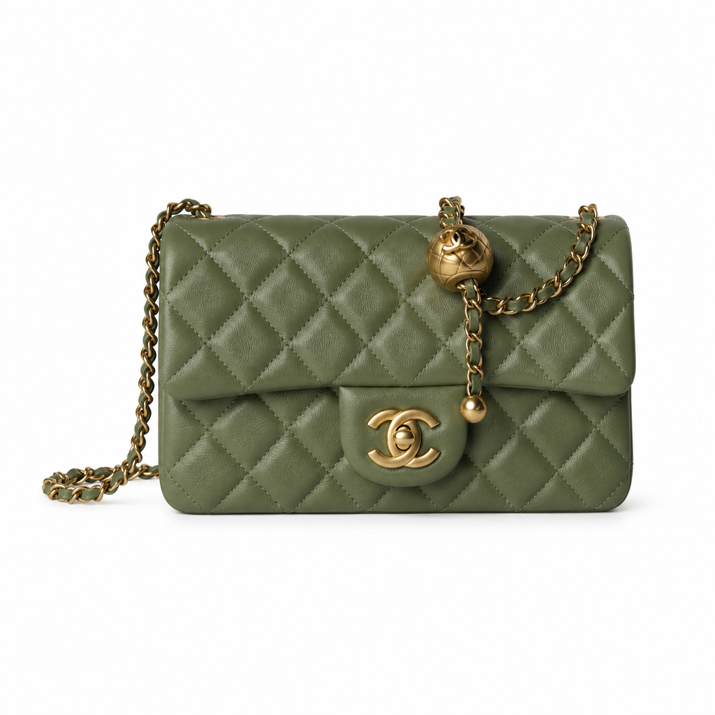 Chanel Mini Square Classic Flap Bag Olive Green Lambskin Aged Gold Hardware 18cm