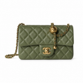 Chanel Mini Square Classic Flap Bag Olive Green Lambskin Aged Gold Hardware 18cm