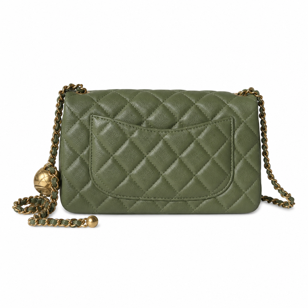 Chanel Mini Square Classic Flap Bag Olive Green Lambskin Aged Gold Hardware 18cm