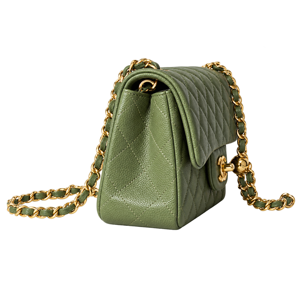 Chanel Mini Square Classic Flap Bag Olive Green Lambskin Aged Gold Hardware 18cm