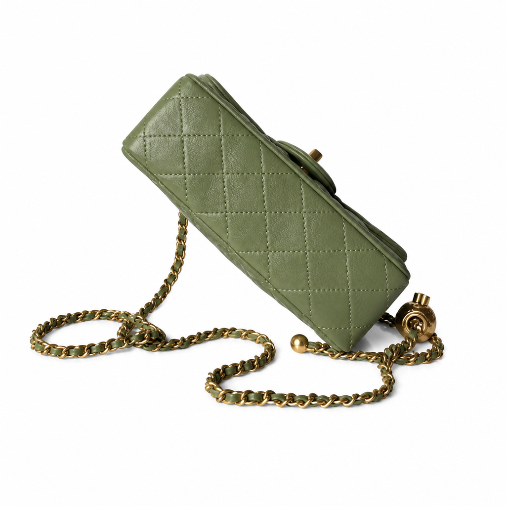 Chanel Mini Square Classic Flap Bag Olive Green Lambskin Aged Gold Hardware 18cm