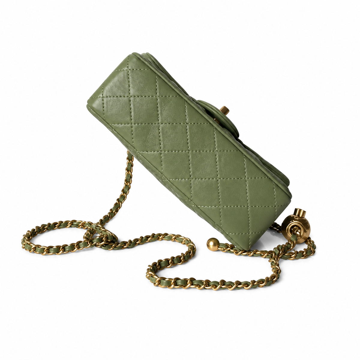 Chanel Mini Square Classic Flap Bag Olive Green Lambskin Aged Gold Hardware 18cm