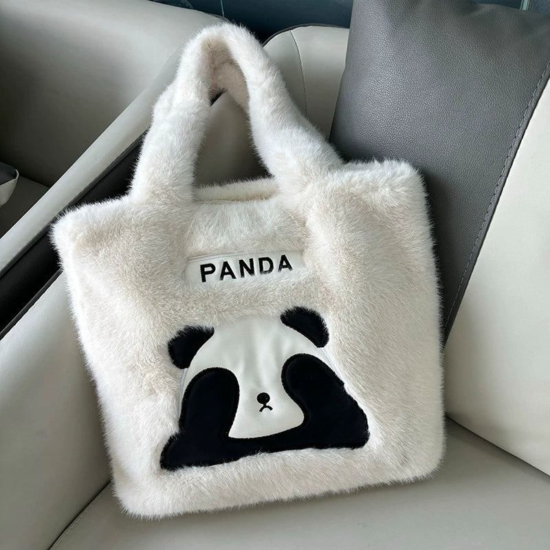 Fluffy Panda Plush Tote Bag Cute Faux Fur Shoulder Bag Women Girls Winter