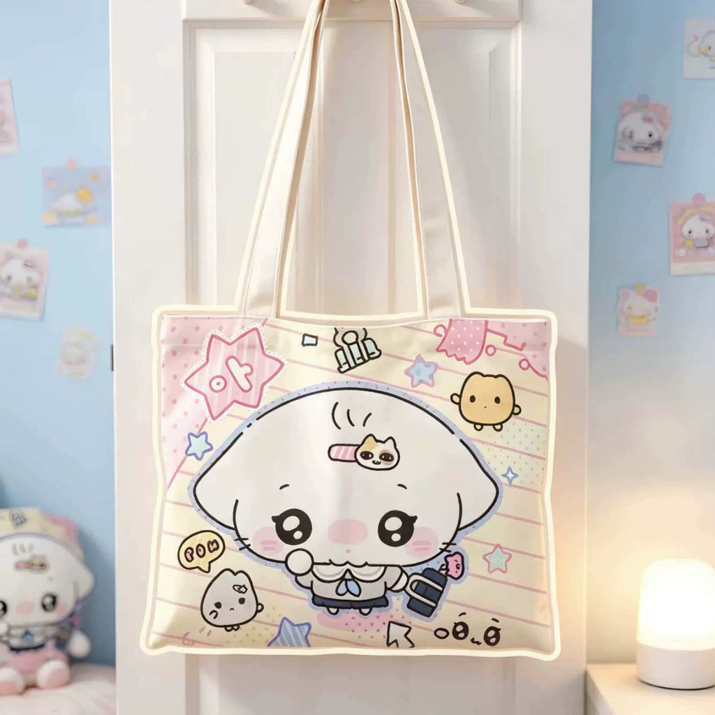 Kawaii Cartoon Print Canvas Tote Bag Cute Anime Cat Blue Women Girls School