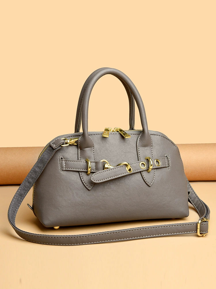 Dome Boston Bag Horsebit Belt Strap Gold Hardware Top Handle Crossbody Khaki Women