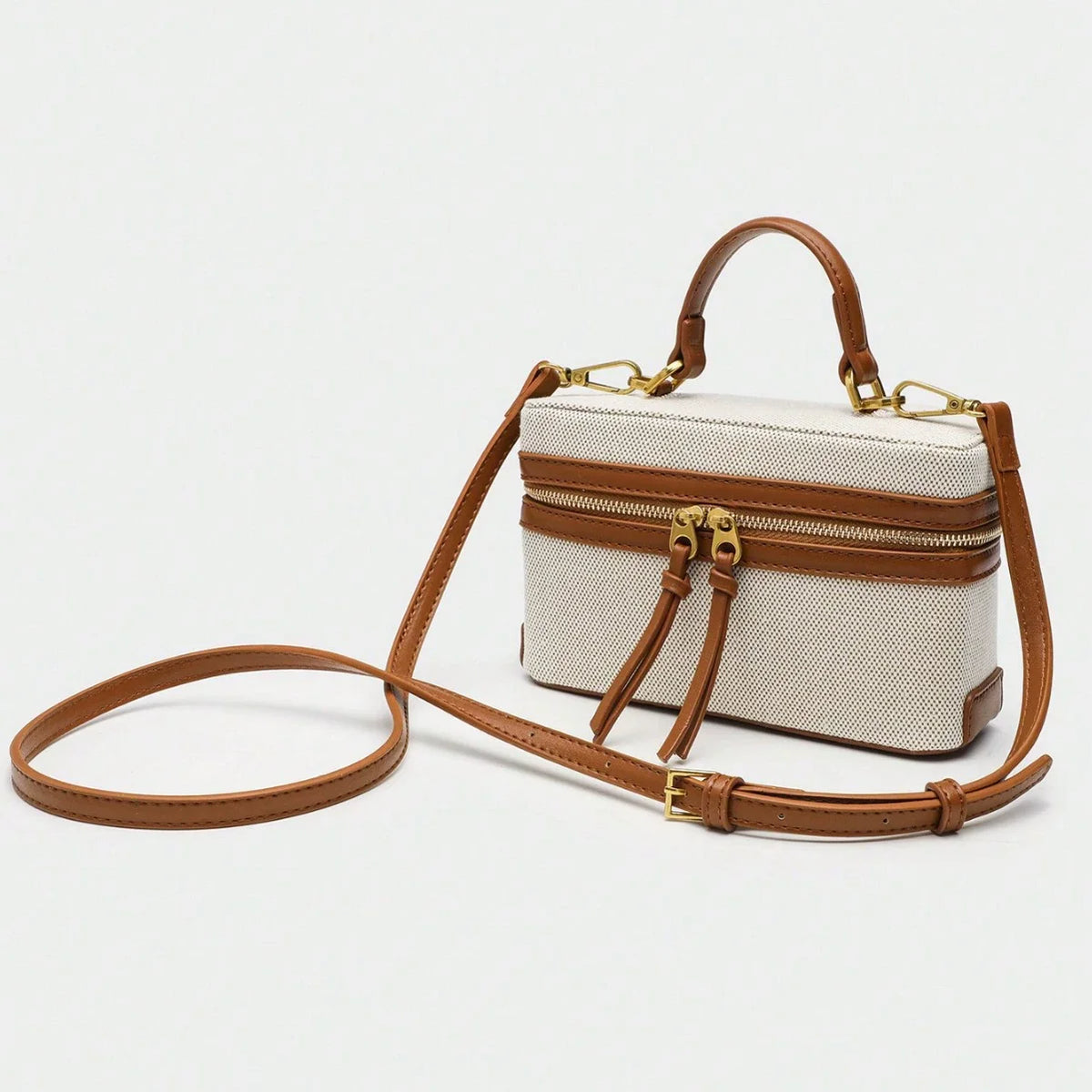 Canvas Leather Trim Vanity Case Bag 28cm