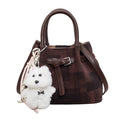 Saffiano Leather Barrel Bag Double Belt Buckle Top Handle with Bear Charm Women
