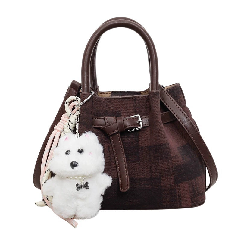 Saffiano Leather Barrel Bag Double Belt Buckle Top Handle with Bear Charm Women