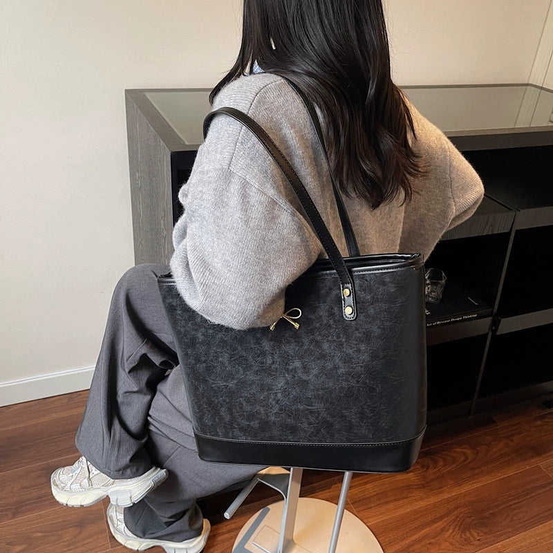 Large Shopper Tote Bag Gold Bow Charm Flat Handles Women Work Shoulder Bag