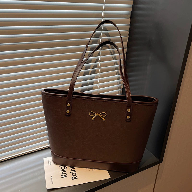 Large Shopper Tote Bag Gold Bow Charm Flat Handles Women Work Shoulder Bag