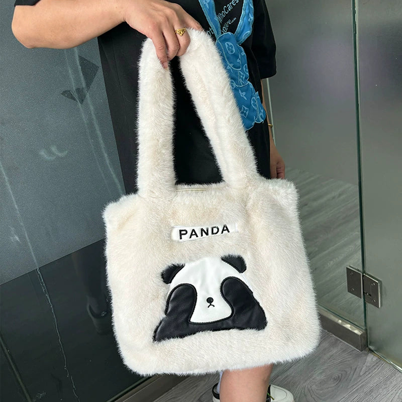 Fluffy Panda Plush Tote Bag Cute Faux Fur Shoulder Bag Women Girls Winter