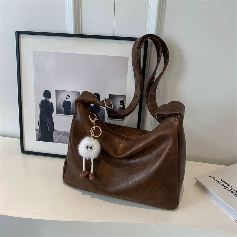 Vintage Soft Leather Crescent Hobo Shoulder Bag Furball Doll Charm Women Y2K