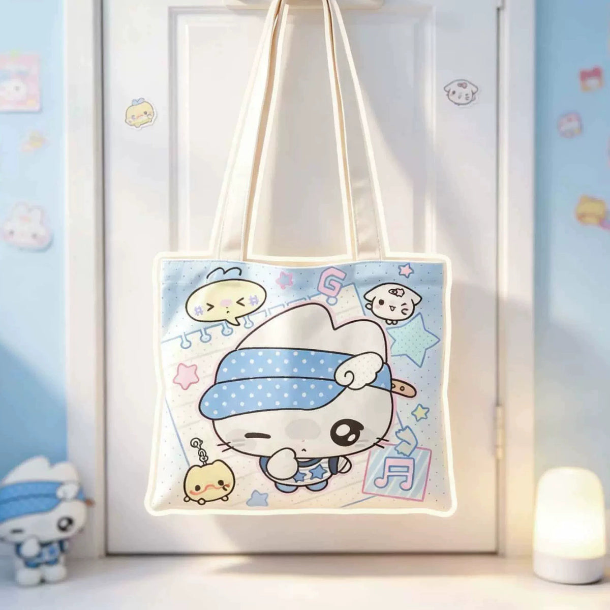 Kawaii Cartoon Print Canvas Tote Bag Cute Anime Cat Blue Women Girls School
