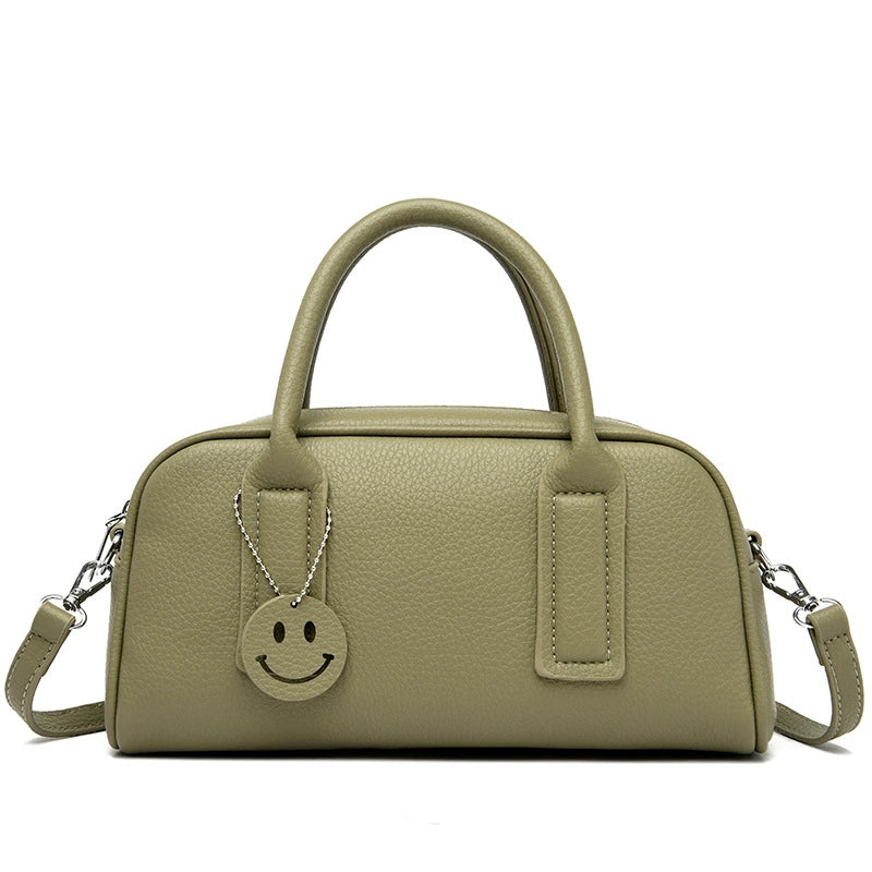 Pillow Boston Bag Waxy Leather Smiley Charm Top Handle Crossbody Sage Women