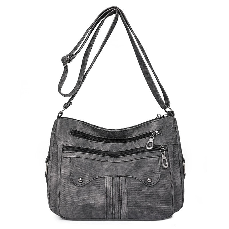Multi-Pocket Washed Soft Leather Crossbody Shoulder Bag Vintage Women Daily