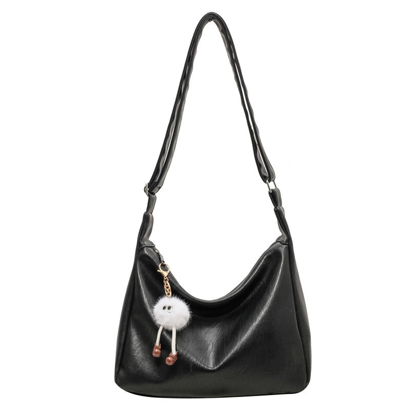 Vintage Soft Leather Crescent Hobo Shoulder Bag Furball Doll Charm Women Y2K