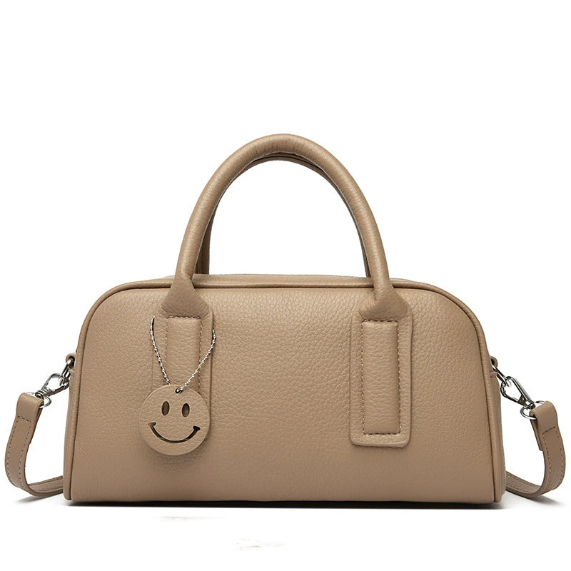 Pillow Boston Bag Waxy Leather Smiley Charm Top Handle Crossbody Sage Women