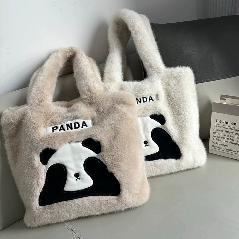 Fluffy Panda Plush Tote Bag Cute Faux Fur Shoulder Bag Women Girls Winter