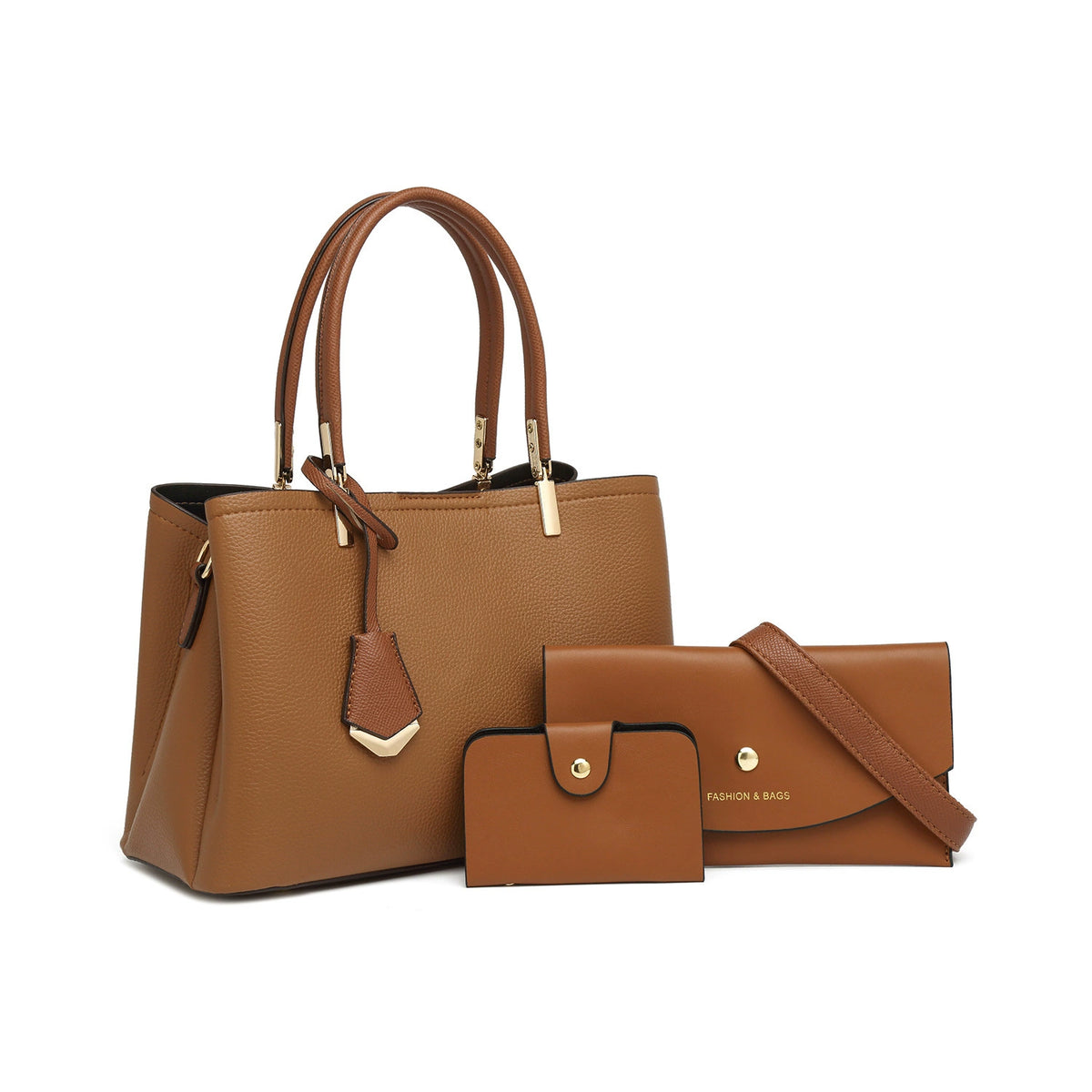 3-Piece Handbag Set Tote Wallet Crossbody Cognac Trim Women Work Bag