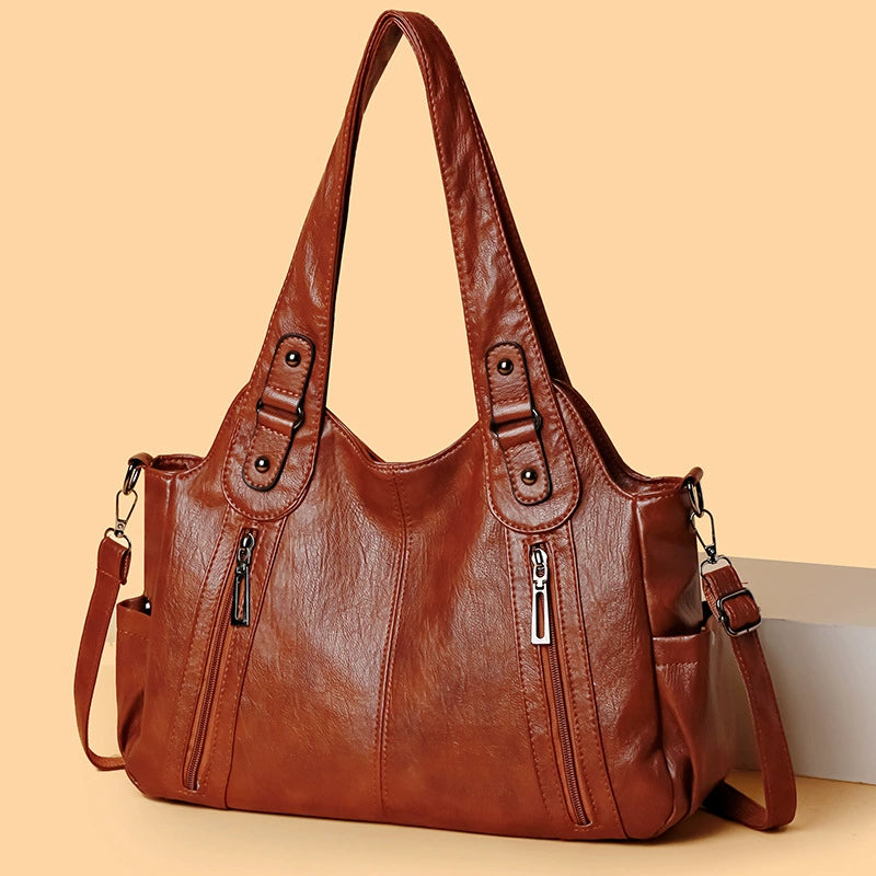 Large Soft Leather Shoulder Tote Bag Dual Zip Pockets Crossbody Women Daily