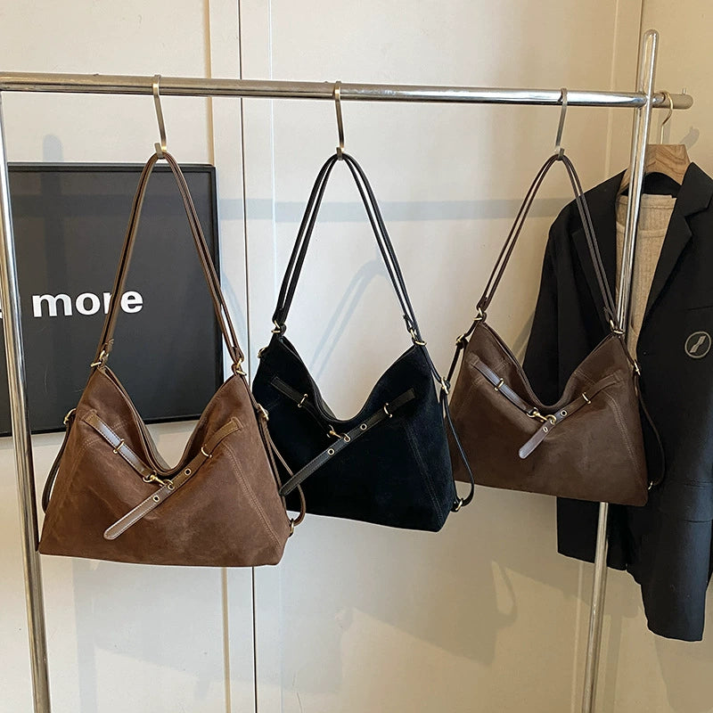 Oversized Suede Effect V-Opening Slouchy Shoulder Bag Dark Brown Women Tote