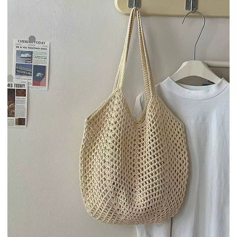 Cream Handwoven Cotton Crochet Net Tote Bag Boho Beach Shoulder Bag Women