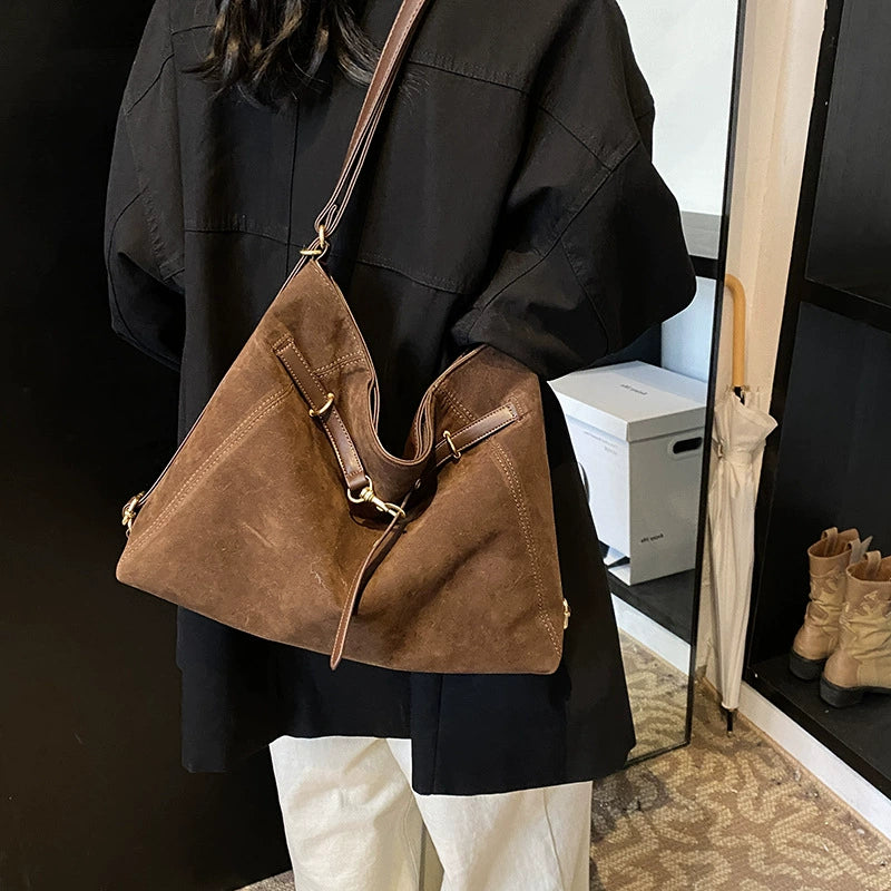 Oversized Suede Effect V-Opening Slouchy Shoulder Bag Dark Brown Women Tote