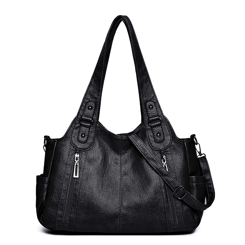 Large Soft Leather Shoulder Tote Bag Dual Zip Pockets Crossbody Women Daily