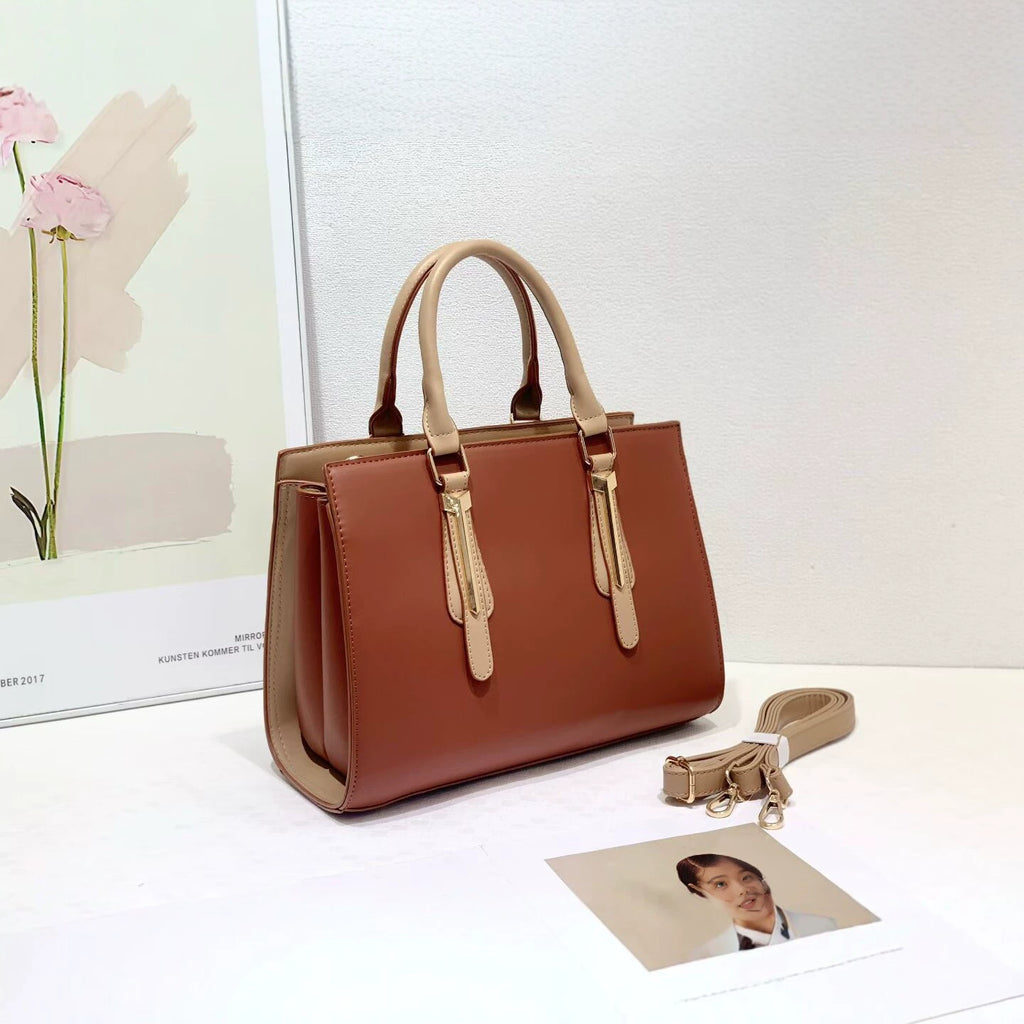 Structured Two-Tone Top Handle Work Bag Beige Contrast Trim Crossbody Women