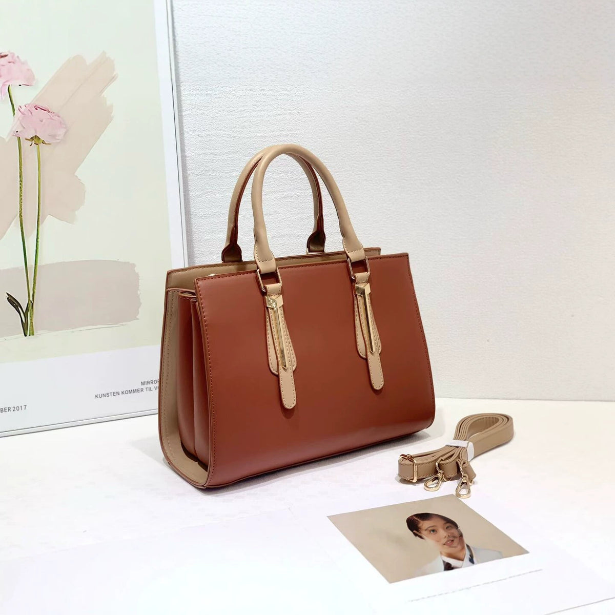 Structured Two-Tone Top Handle Work Bag Beige Contrast Trim Crossbody Women