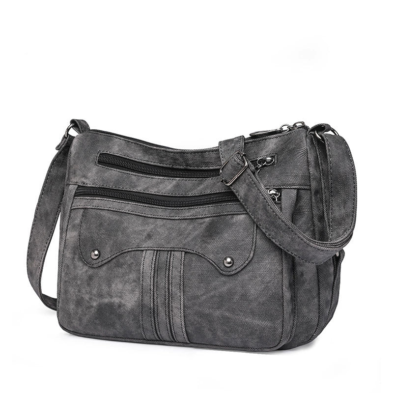 Multi-Pocket Washed Soft Leather Crossbody Shoulder Bag Vintage Women Daily