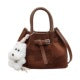 Saffiano Leather Barrel Bag Double Belt Buckle Top Handle with Bear Charm Women
