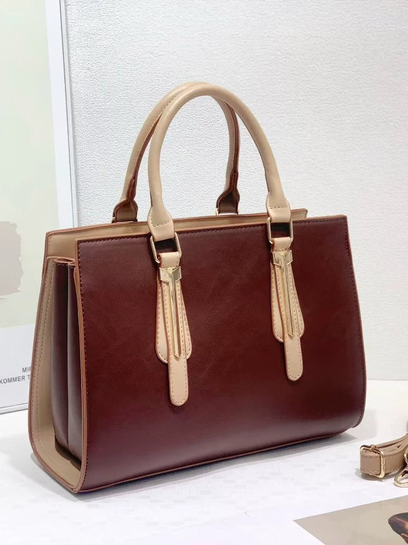 Structured Two-Tone Top Handle Work Bag Beige Contrast Trim Crossbody Women