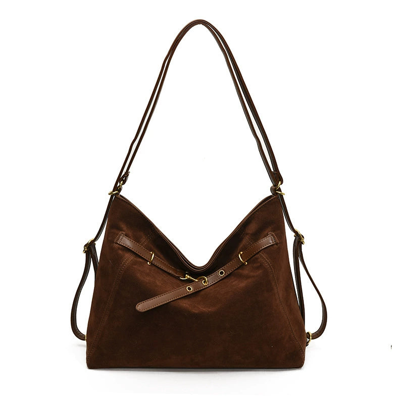 Oversized Suede Effect V-Opening Slouchy Shoulder Bag Dark Brown Women Tote