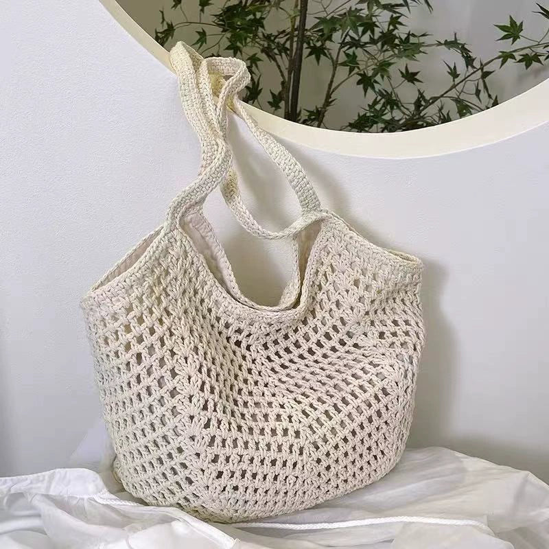 Cream Handwoven Cotton Crochet Net Tote Bag Boho Beach Shoulder Bag Women