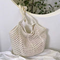 Cream Handwoven Cotton Crochet Net Tote Bag Boho Beach Shoulder Bag Women