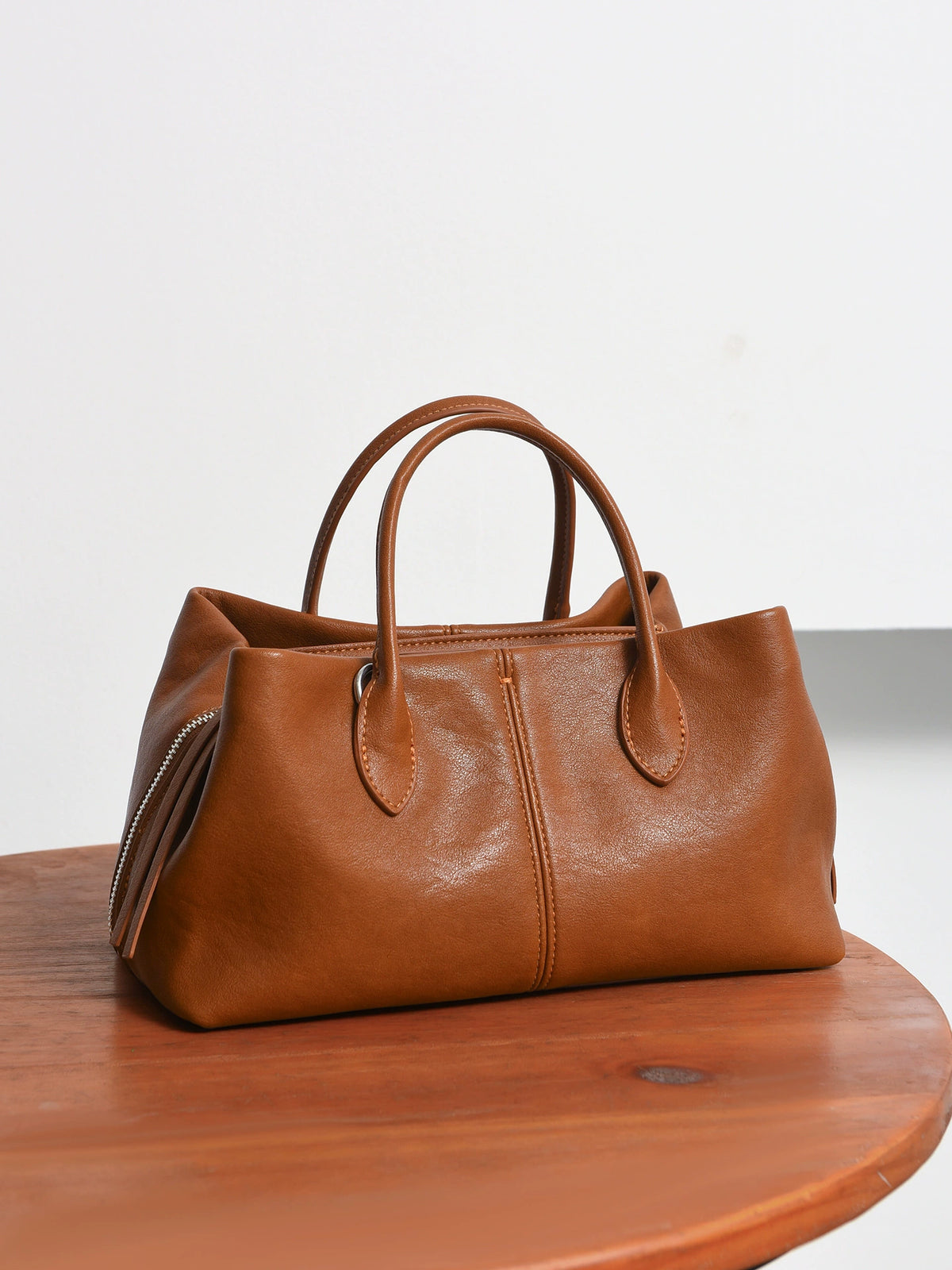 Cognac Brown Minimalist Structured Top Handle Tote Bag Wax Leather Women