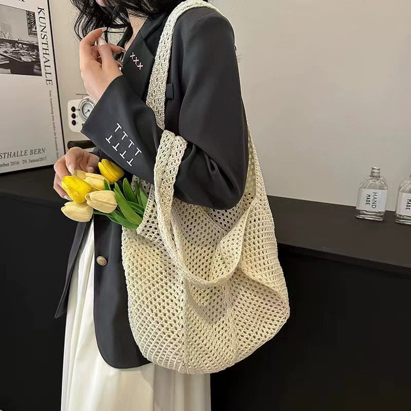 Cream Handwoven Cotton Crochet Net Tote Bag Boho Beach Shoulder Bag Women