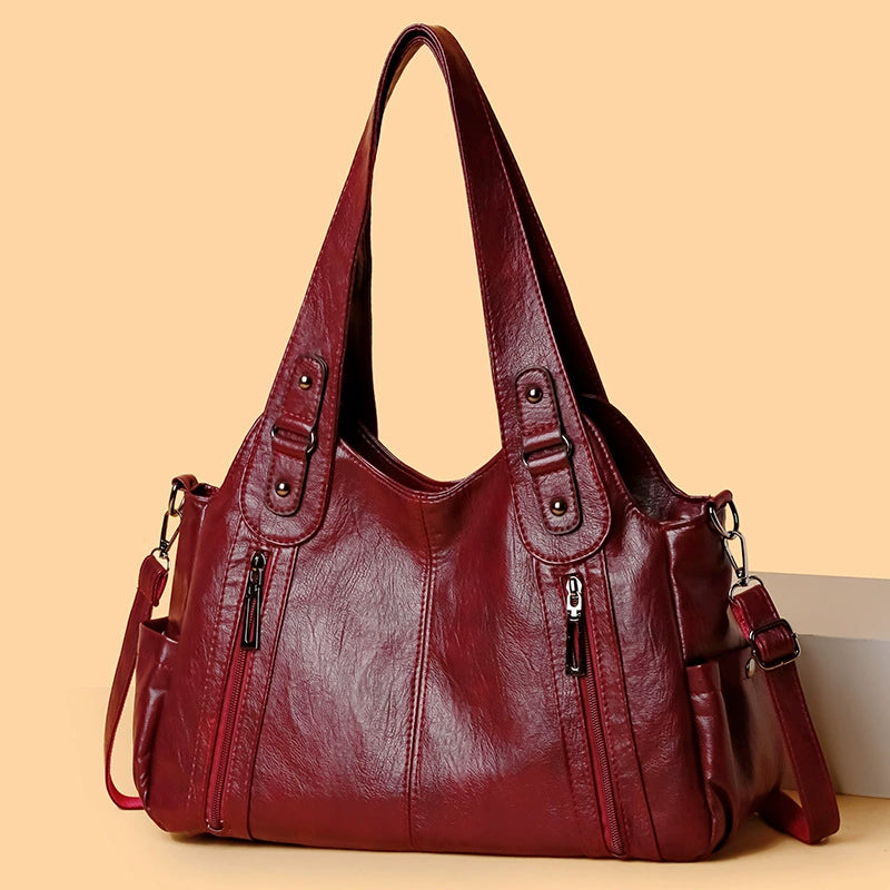Large Soft Leather Shoulder Tote Bag Dual Zip Pockets Crossbody Women Daily