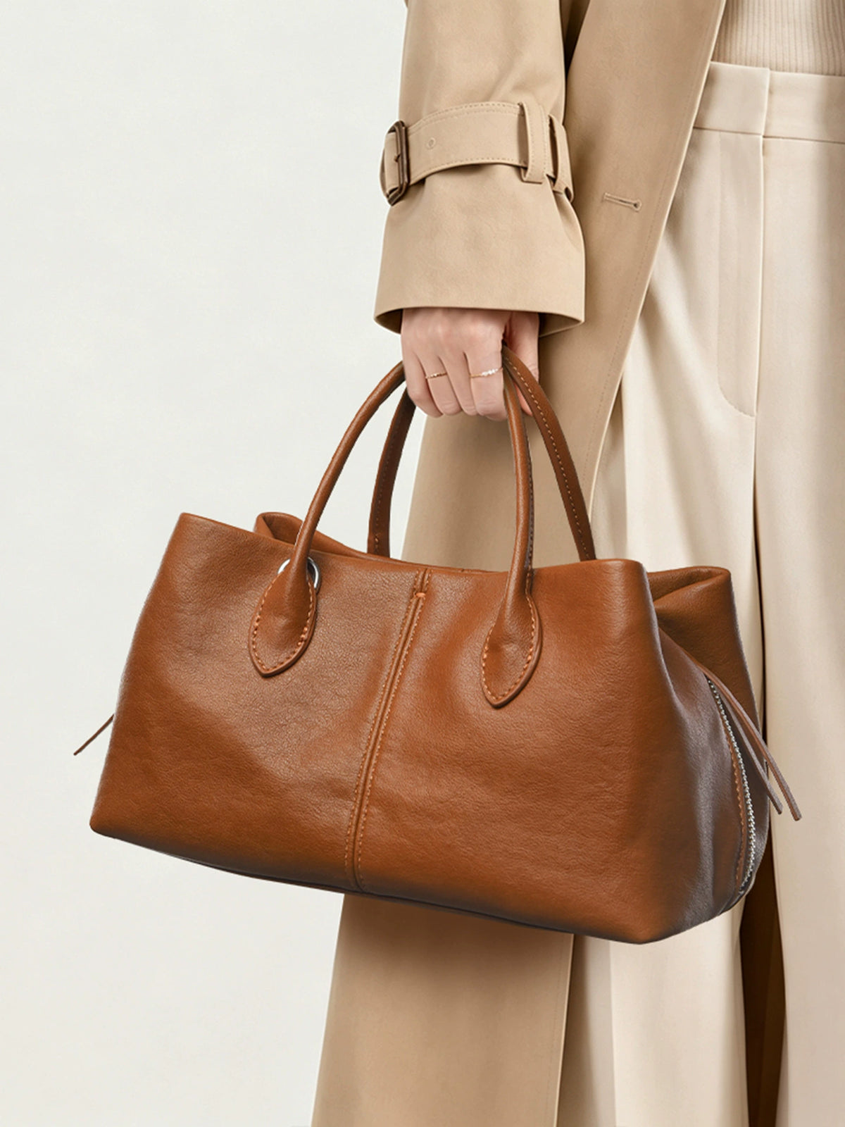 Cognac Brown Minimalist Structured Top Handle Tote Bag Wax Leather Women