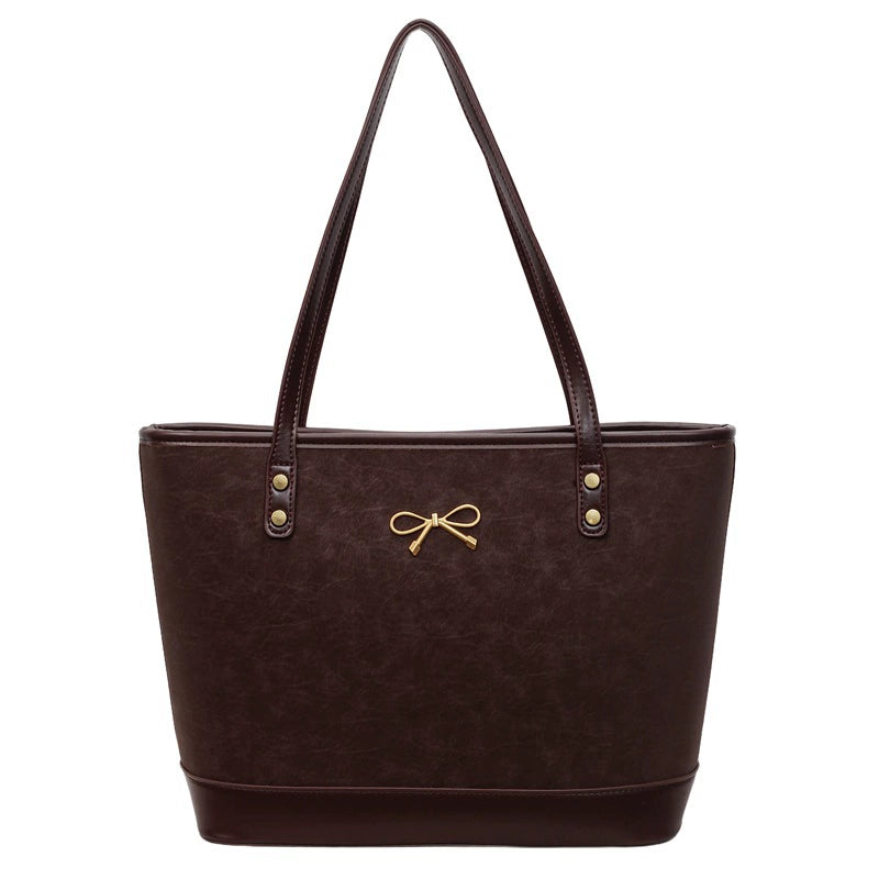 Large Shopper Tote Bag Gold Bow Charm Flat Handles Women Work Shoulder Bag