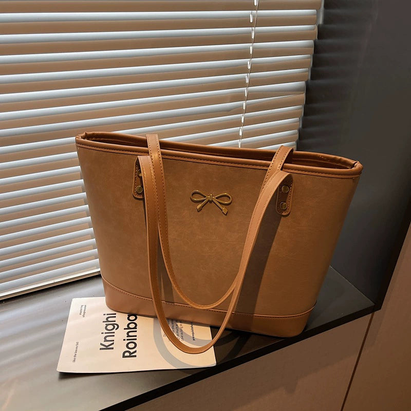 Large Shopper Tote Bag Gold Bow Charm Flat Handles Women Work Shoulder Bag