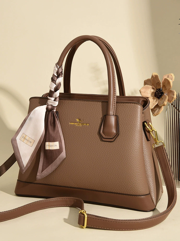 Structured Satchel Top Handle Bag with Scarf Charm Crossbody Strap Women