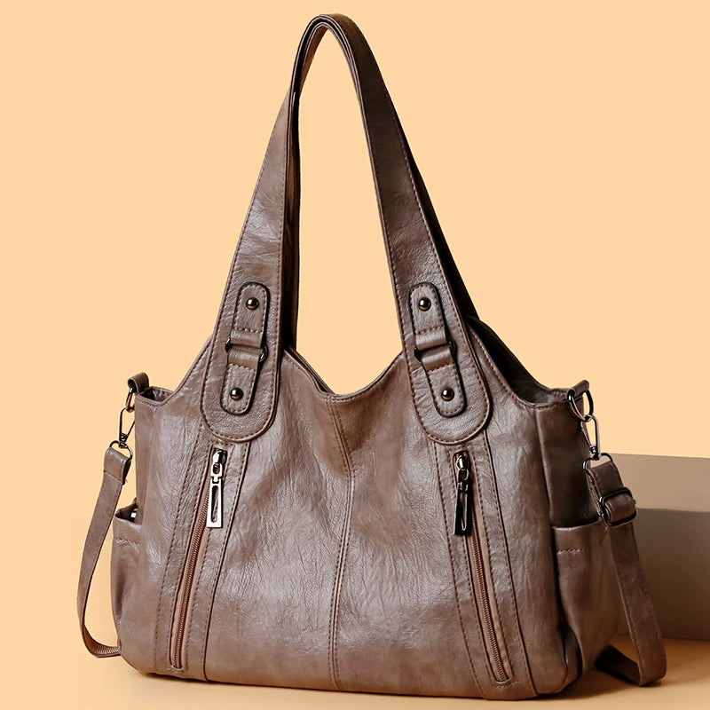 Large Soft Leather Shoulder Tote Bag Dual Zip Pockets Crossbody Women Daily