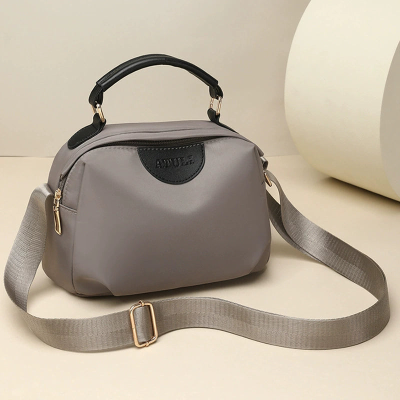 Dove Grey Nylon Shell Crossbody Bag Leather Handle Wide Strap Lightweight Women