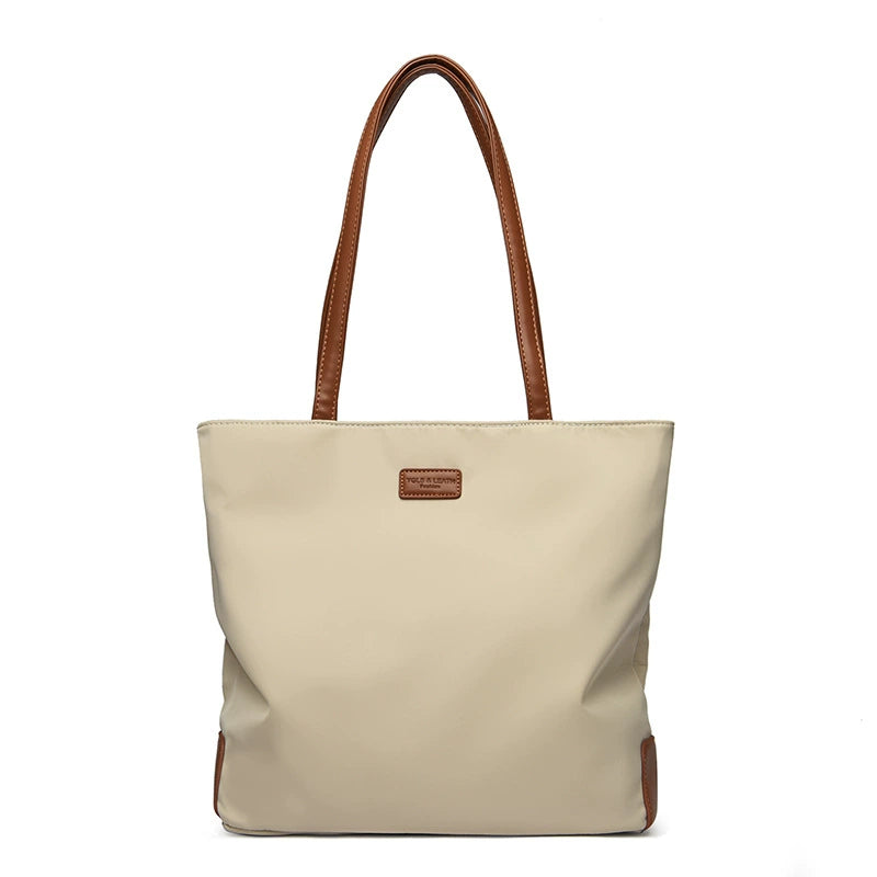 Lightweight Nylon Tote Bag Cognac Leather Handle Trim Minimalist Women Work