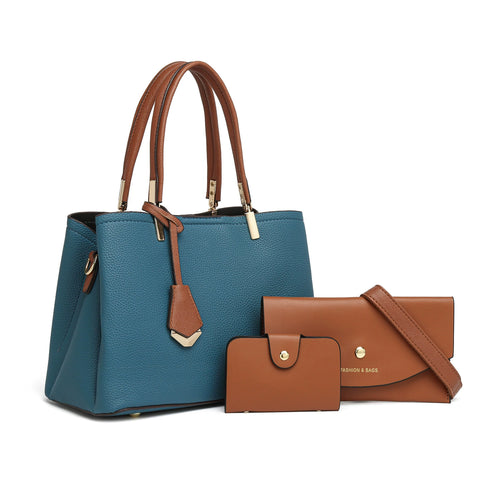 3-Piece Handbag Set Tote Wallet Crossbody Cognac Trim Women Work Bag