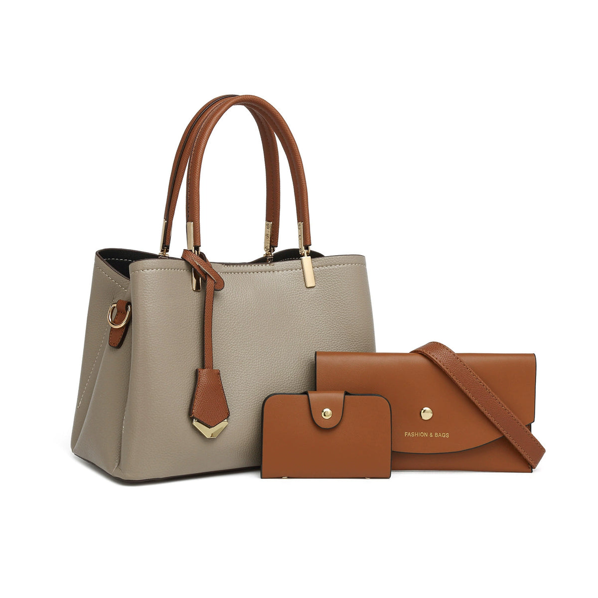 3-Piece Handbag Set Tote Wallet Crossbody Cognac Trim Women Work Bag