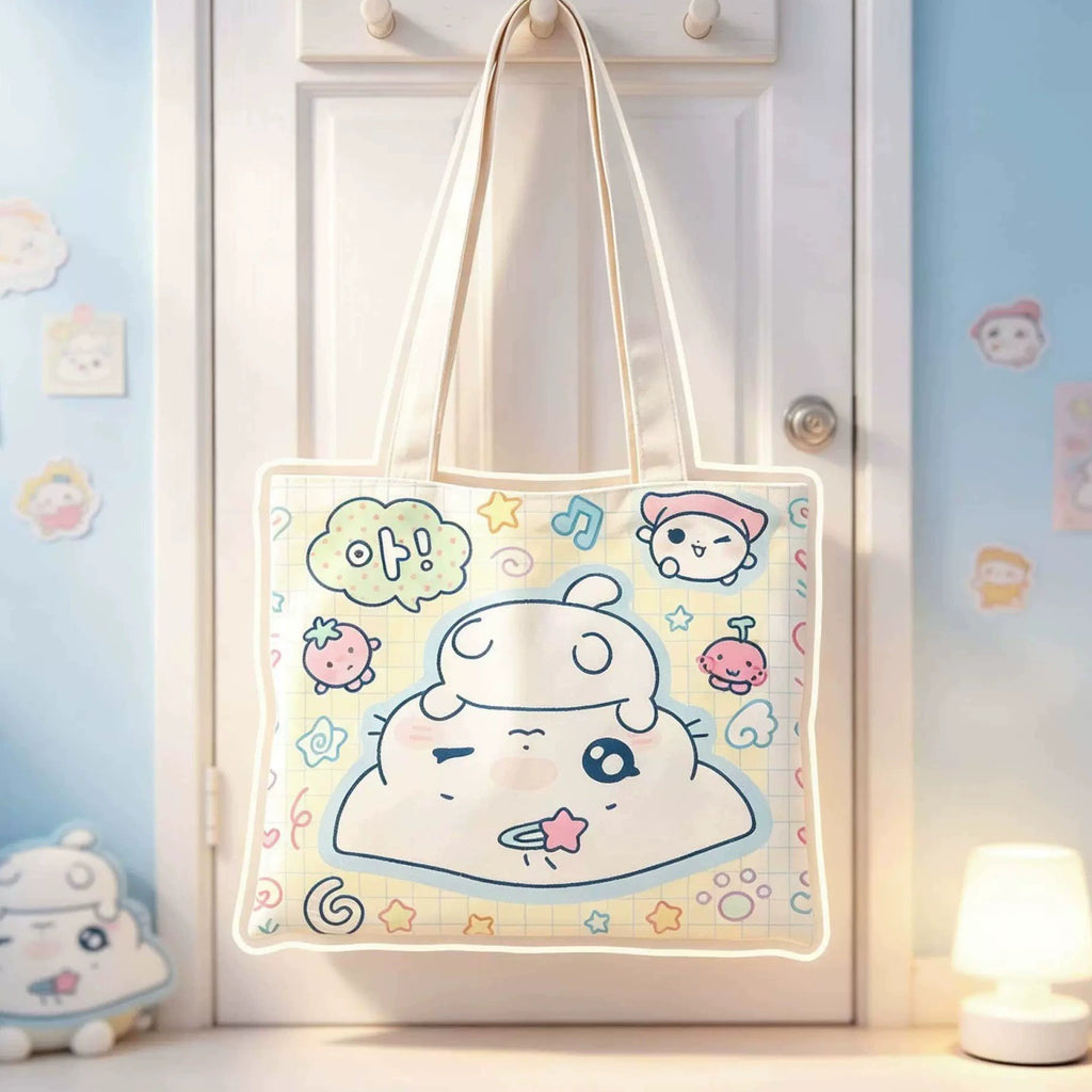 Kawaii Cartoon Print Canvas Tote Bag Cute Anime Cat Blue Women Girls School